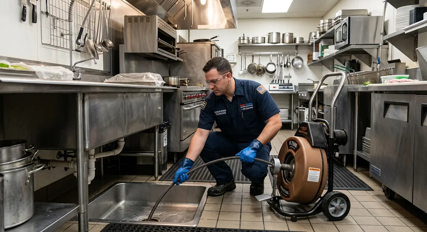 Commercial drain cleaning service in a restaurant kitchen in Union