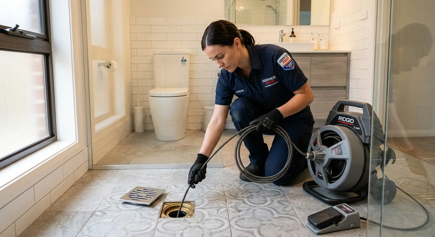 Technician clearing a bathroom floor drain for Sewer Line Installation in Union